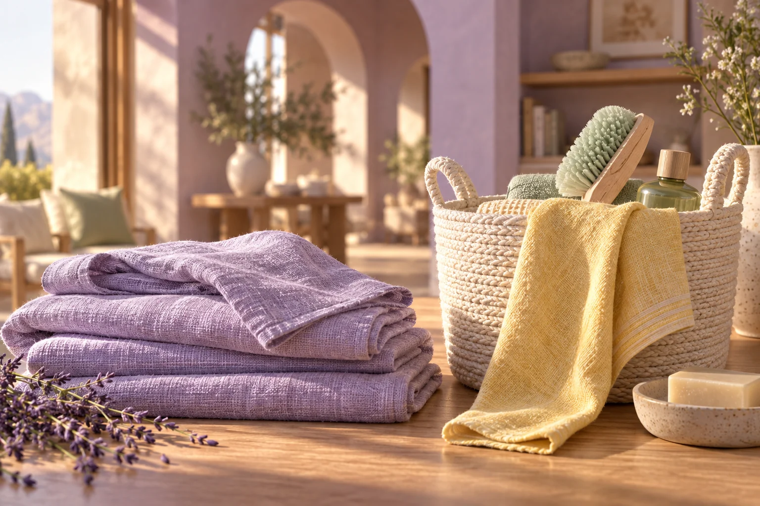 Lavender towels and a woven laundry basket in warm afternoon light